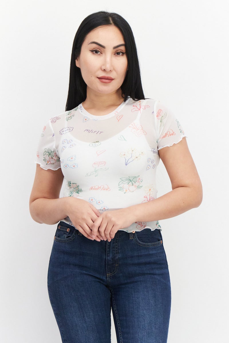 Misfit Women Floral Print Short Sleeve Net Top,White Combo - Image 1