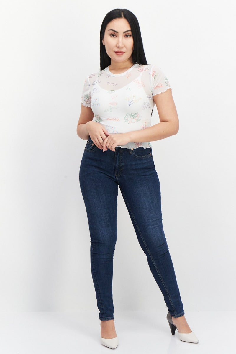 Misfit Women Floral Print Short Sleeve Net Top,White Combo - Image 4