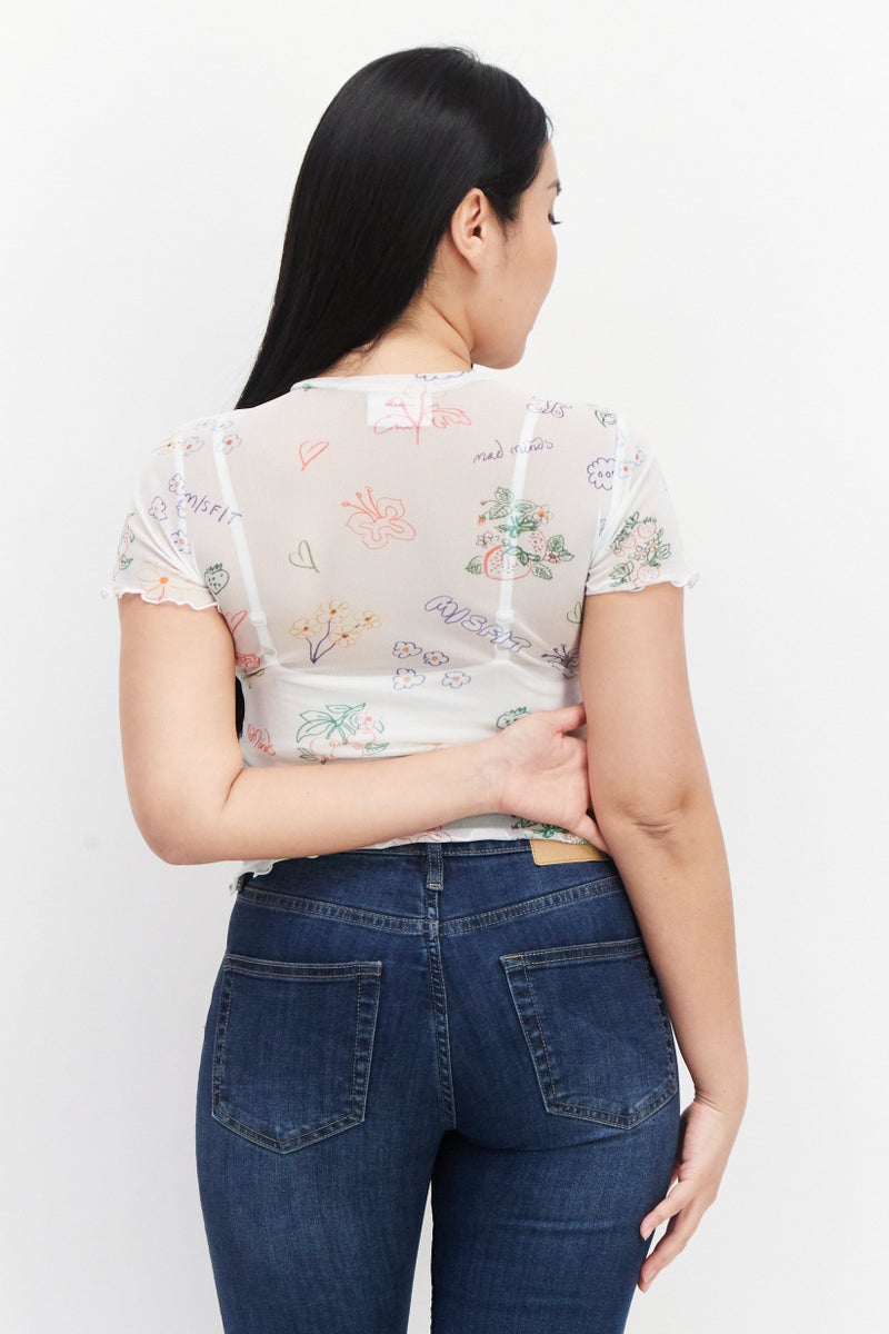 Misfit Women Floral Print Short Sleeve Net Top, White - Image 2