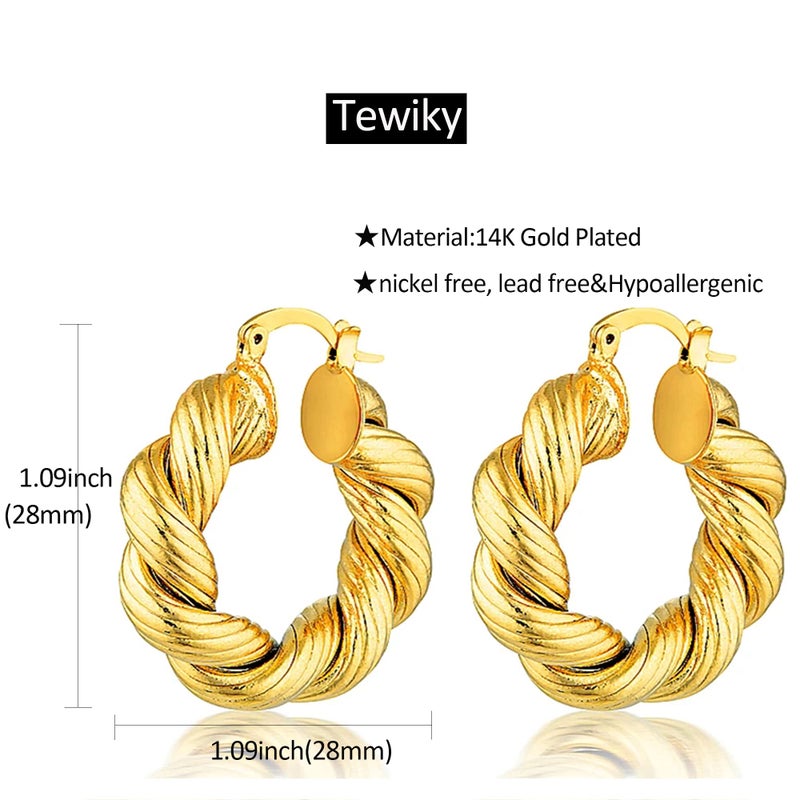 Tewiky Gold Hoop Earrings for Women, Chunky Gold Earrings 14k Gold Plated Twisted Hoop Earrings Hypoallergenic Large Hoops Earrings Thick Hoops Aesthetic Jewelry for Women - Image 5