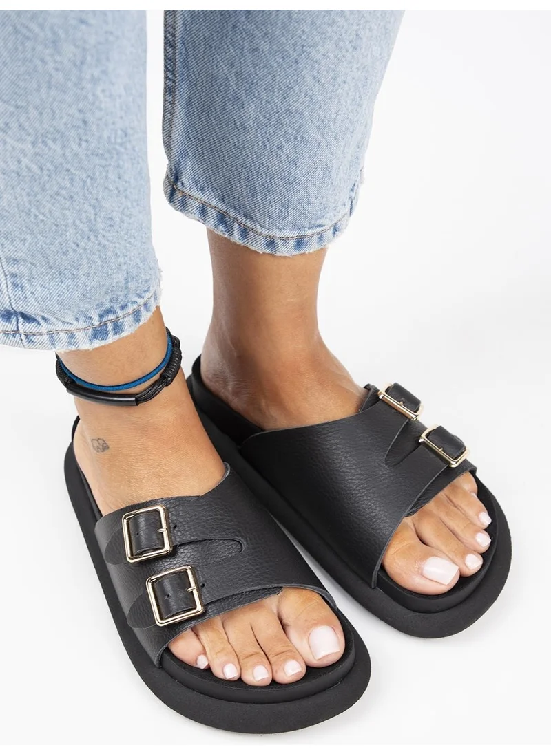 Manijero Lirio Women's Leather Single Strap Double Buckle Black Slippers