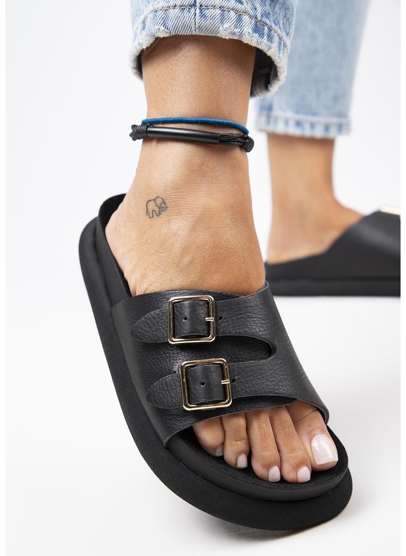 Manijero Lirio Women's Leather Single Strap Double Buckle Black Slippers  - Image 5