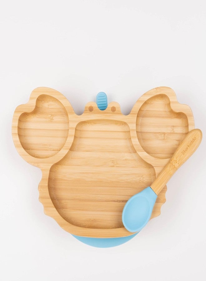 StarKiddo® â€˜Cute Crabâ€™ Baby Plate for Kids and Baby-Led Weaning | 3 Sections | Non-Toxic | Super Strong Suction Cup - Natural Bamboo BPA Free Baby Plate for Stay Put Feeding (Blue) - Image 1