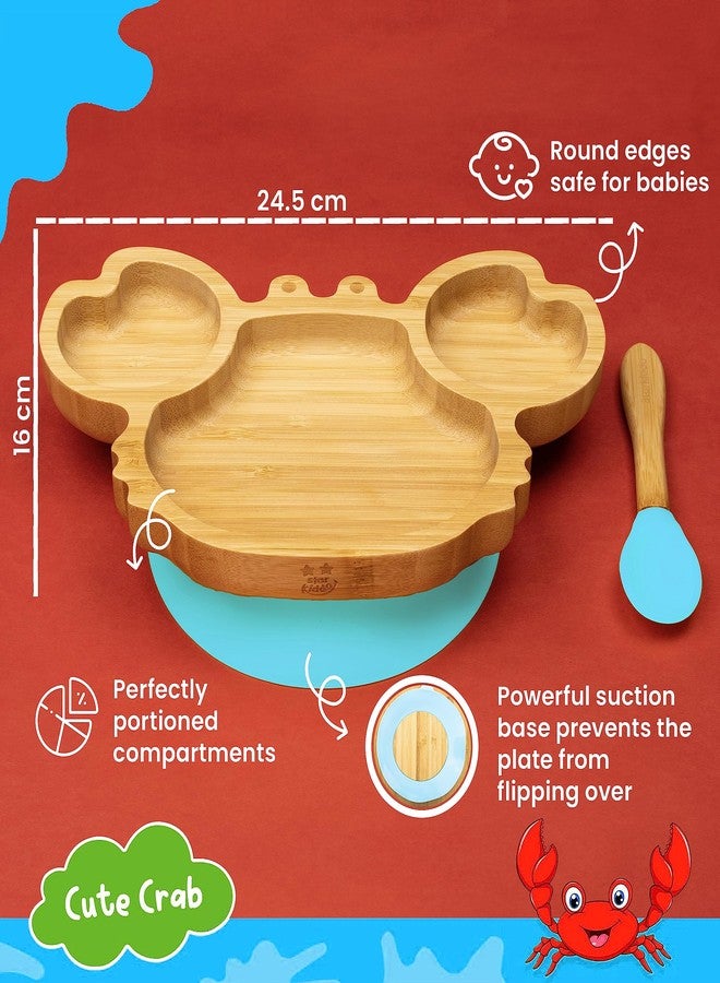 StarKiddo® â€˜Cute Crabâ€™ Baby Plate for Kids and Baby-Led Weaning | 3 Sections | Non-Toxic | Super Strong Suction Cup - Natural Bamboo BPA Free Baby Plate for Stay Put Feeding (Blue) - Image 2