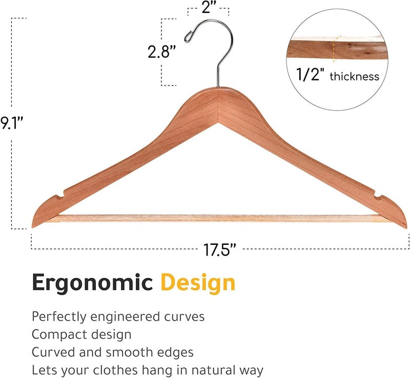 Quality Hangers شماعات خشبية عالية الجودة - مجموعة 30 شماعة منحنية قليلاً - معطف خشبي صلب مع خطافات كروم أنيقة - شماعات ثقيلة للملابس والجاكيت والقمصان والبنطلونات والبدلات (طبيعي، 30)، 17.5 بوصة - Image 5