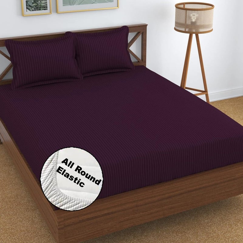 FRESH FROM LOOM 240 TC Satin Striped Elastic Fitted Bed Sheets King Size Bed with Two Pillow Cover|Soft Bed Covers for Mattresses Tuck in|Fitted (Size - 78 x 72 Inches, Fits up to 10 Inch, Multicolor) - Image 1