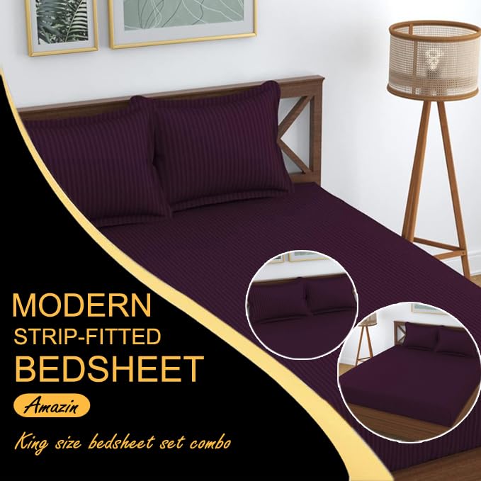 FRESH FROM LOOM 240 TC Satin Striped Elastic Fitted Bed Sheets King Size Bed with Two Pillow Cover|Soft Bed Covers for Mattresses Tuck in|Fitted (Size - 78 x 72 Inches, Fits up to 10 Inch, Multicolor) - Image 2