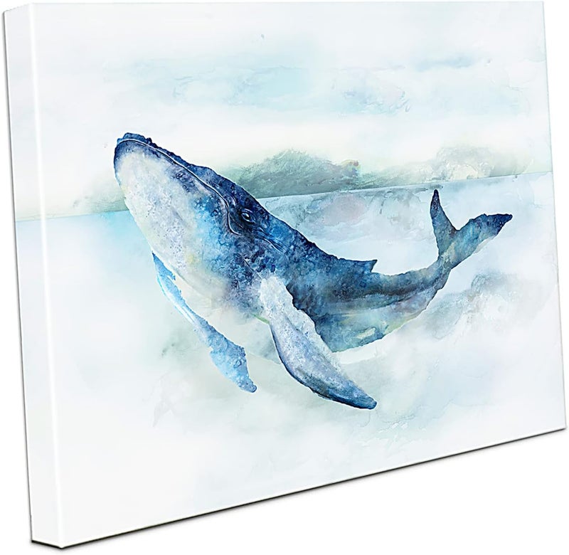 Zessonic Blue Coastal Canvas Wall Art - Watercolor Whale in Sea Artwork with Texture for Nautical Ocean Themed Bathroom, Bedroom, Living Room Decor - Image 1