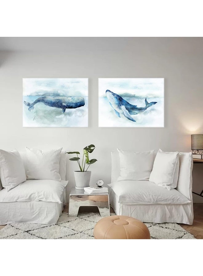 Zessonic Blue Coastal Canvas Wall Art - Watercolor Whale in Sea Artwork with Texture for Nautical Ocean Themed Bathroom, Bedroom, Living Room Decor - Image 3