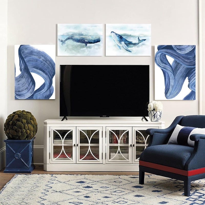 Zessonic Blue Coastal Canvas Wall Art - Watercolor Whale in Sea Artwork with Texture for Nautical Ocean Themed Bathroom, Bedroom, Living Room Decor - Image 4