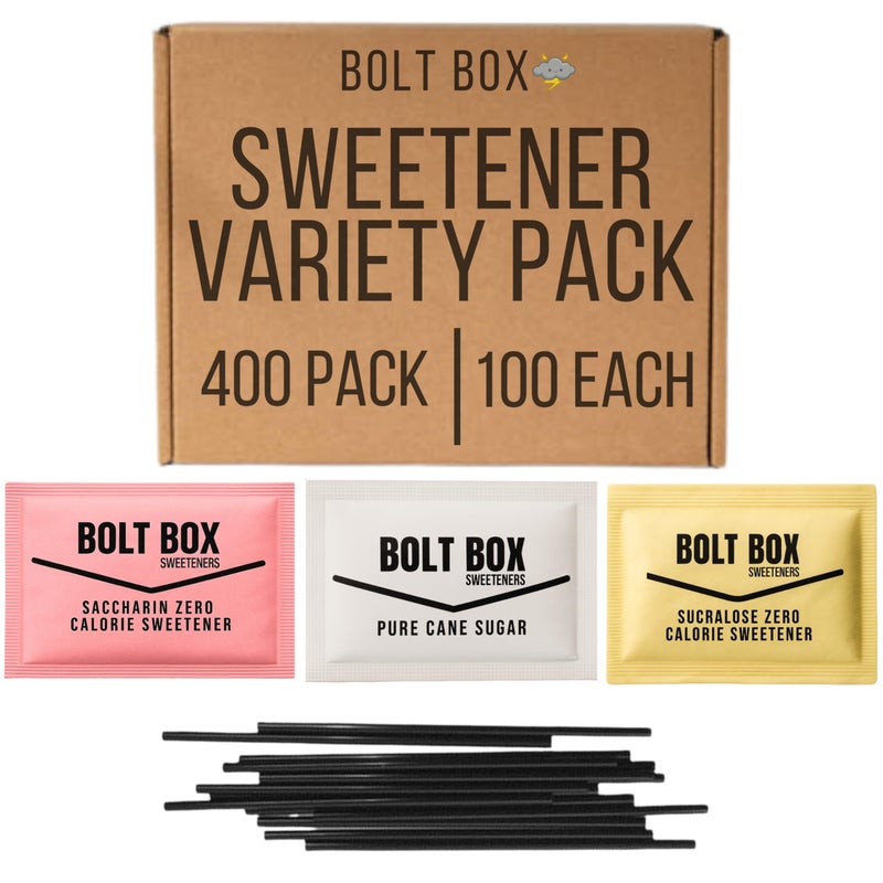 (400 total, 100 each) Bolt Box Sugar & Sweetener Packets Box - Cane Sugar, Substitute Packets, Plastic Coffee Stirrers - Image 1