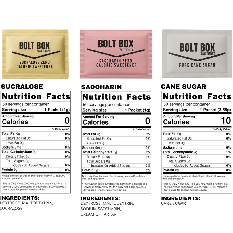 (400 total, 100 each) Bolt Box Sugar & Sweetener Packets Box - Cane Sugar, Substitute Packets, Plastic Coffee Stirrers - Image 3