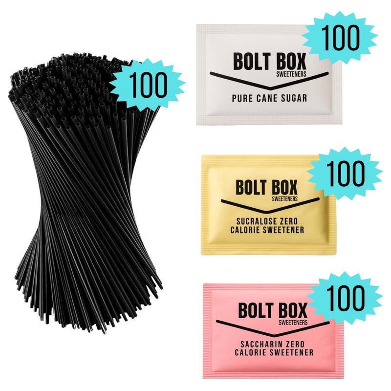 (400 total, 100 each) Bolt Box Sugar & Sweetener Packets Box - Cane Sugar, Substitute Packets, Plastic Coffee Stirrers - Image 2