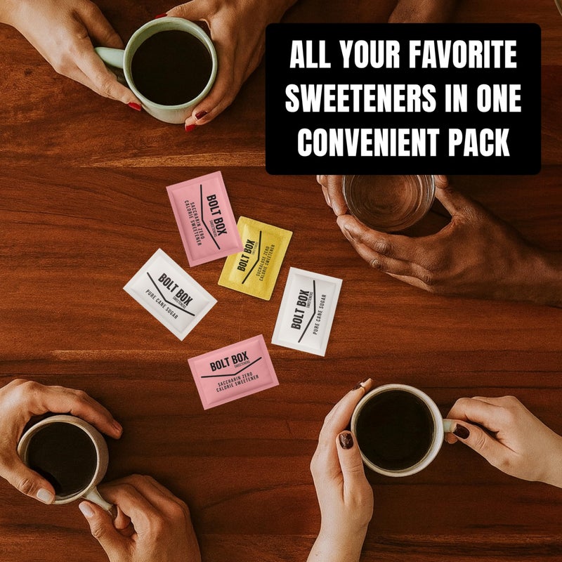 (400 total, 100 each) Bolt Box Sugar & Sweetener Packets Box - Cane Sugar, Substitute Packets, Plastic Coffee Stirrers - Image 4