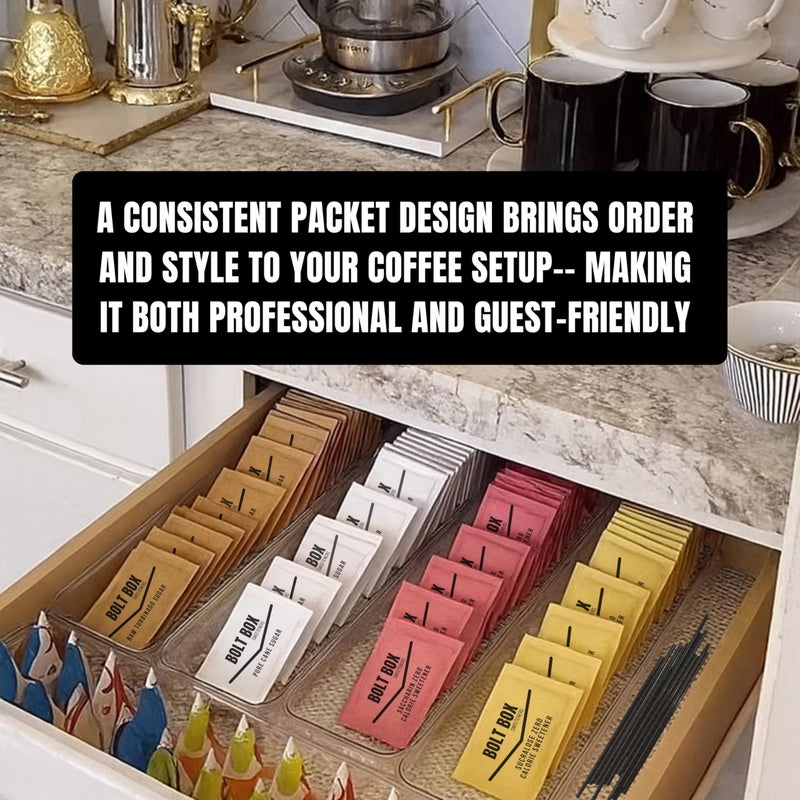 (400 total, 100 each) Bolt Box Sugar & Sweetener Packets Box - Cane Sugar, Substitute Packets, Plastic Coffee Stirrers - Image 5