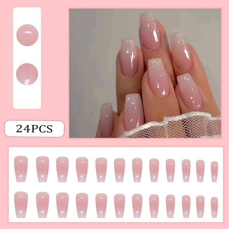 RUPOFUZA Long Press on Nails Coffin Fake Nails with Pink White Ombre A Little Bit of Glitter Designs Acrylic Nails Press ons Artificial False Stick on Nails for Women 30Pcs - Image 2