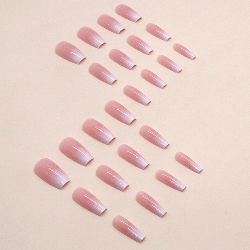 RUPOFUZA Long Press on Nails Coffin Fake Nails with Pink White Ombre A Little Bit of Glitter Designs Acrylic Nails Press ons Artificial False Stick on Nails for Women 30Pcs - Image 3