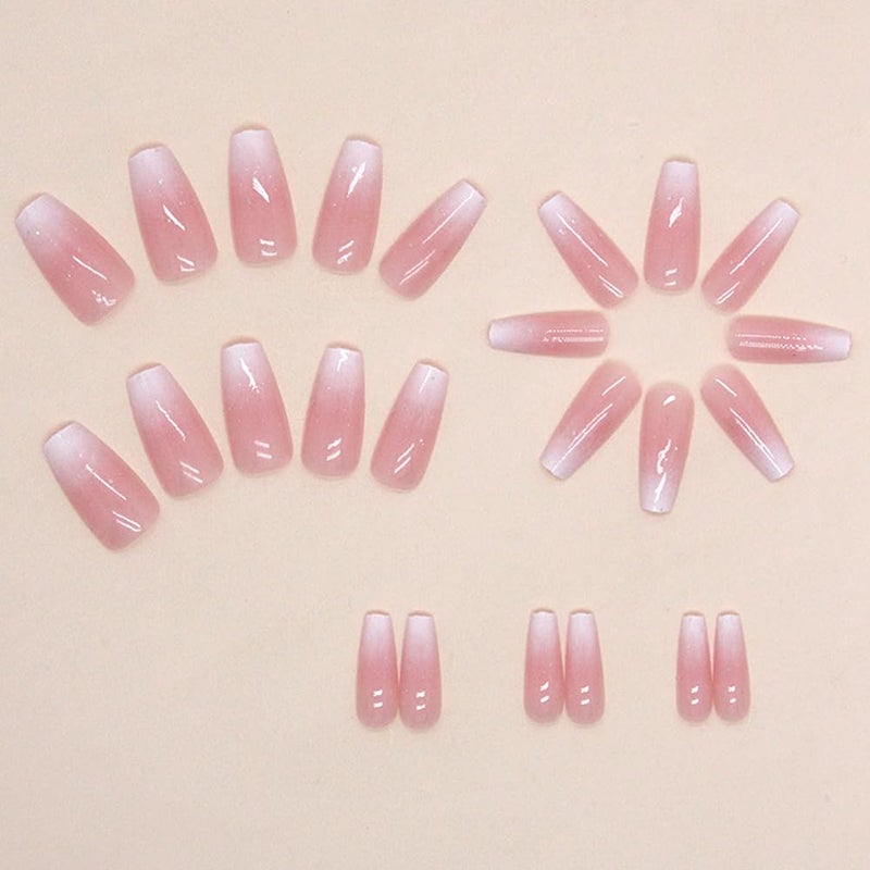 RUPOFUZA Long Press on Nails Coffin Fake Nails with Pink White Ombre A Little Bit of Glitter Designs Acrylic Nails Press ons Artificial False Stick on Nails for Women 30Pcs - Image 4