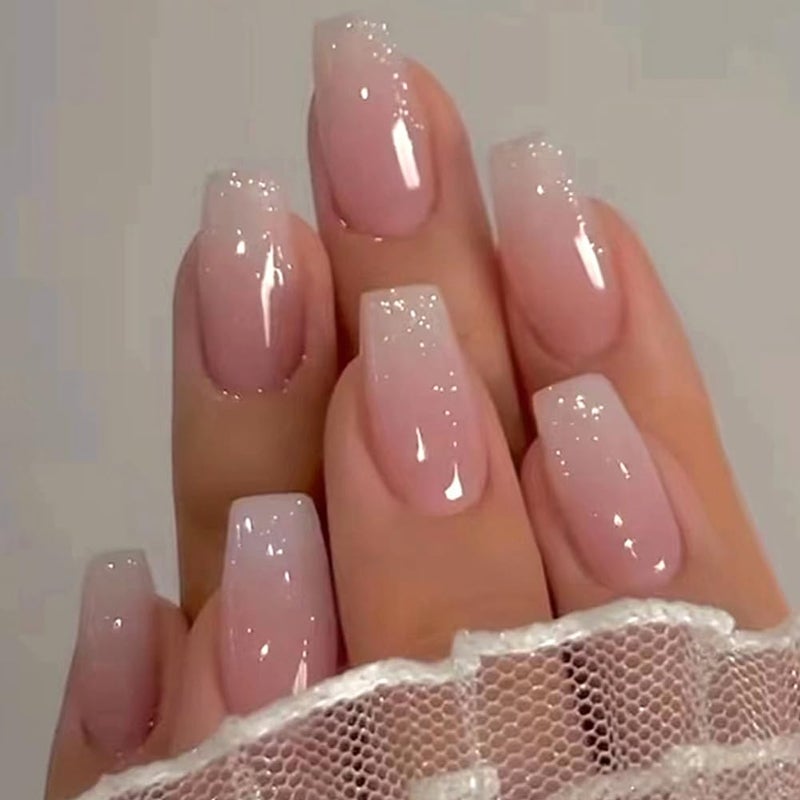 RUPOFUZA Long Press on Nails Coffin Fake Nails with Pink White Ombre A Little Bit of Glitter Designs Acrylic Nails Press ons Artificial False Stick on Nails for Women 30Pcs - Image 1