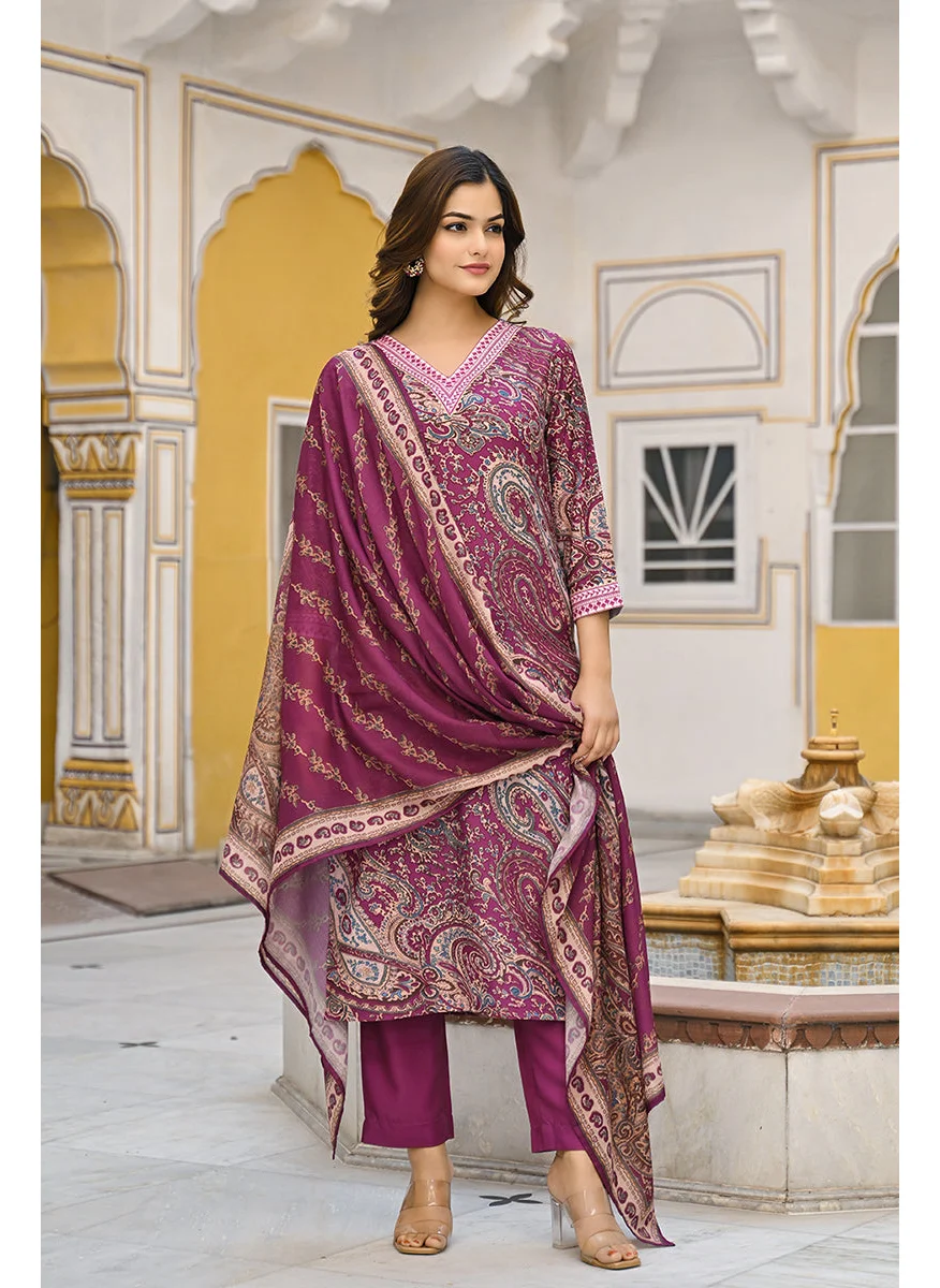 زيري سوق Purple Rayon Blend Paisley Printed Straight 3-Piece Kurta Set