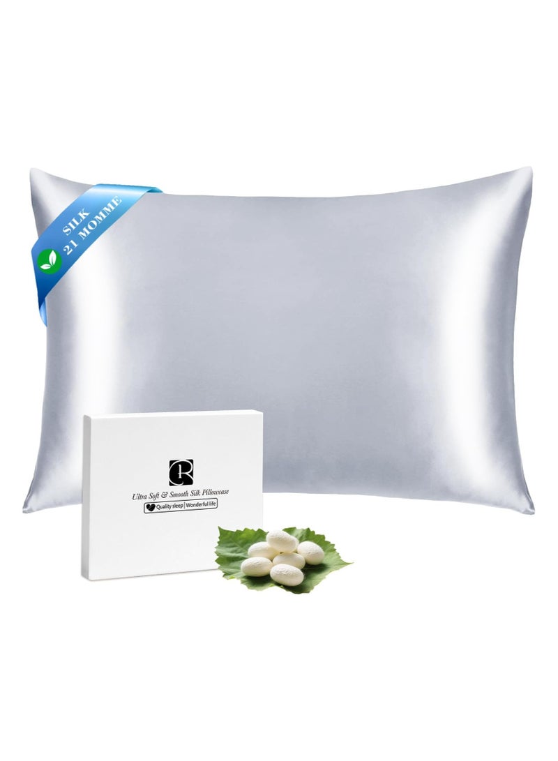 Ravmix Silk Pillow Cases with Zipper, 21momme Mulberry Silk Pillowcase for Hair Skin Health, Soft Smooth Breathable Cool Pillow Cover for Beauty Sleep with Gift Box 1PC(Queen 20"x30", Silver Grey) - Image 1