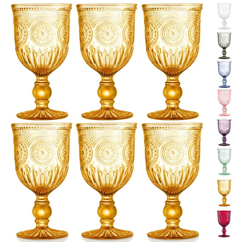 Yungala Amber Wine Glasses Set of 6 Vintage Hobnail Goblets 10 oz