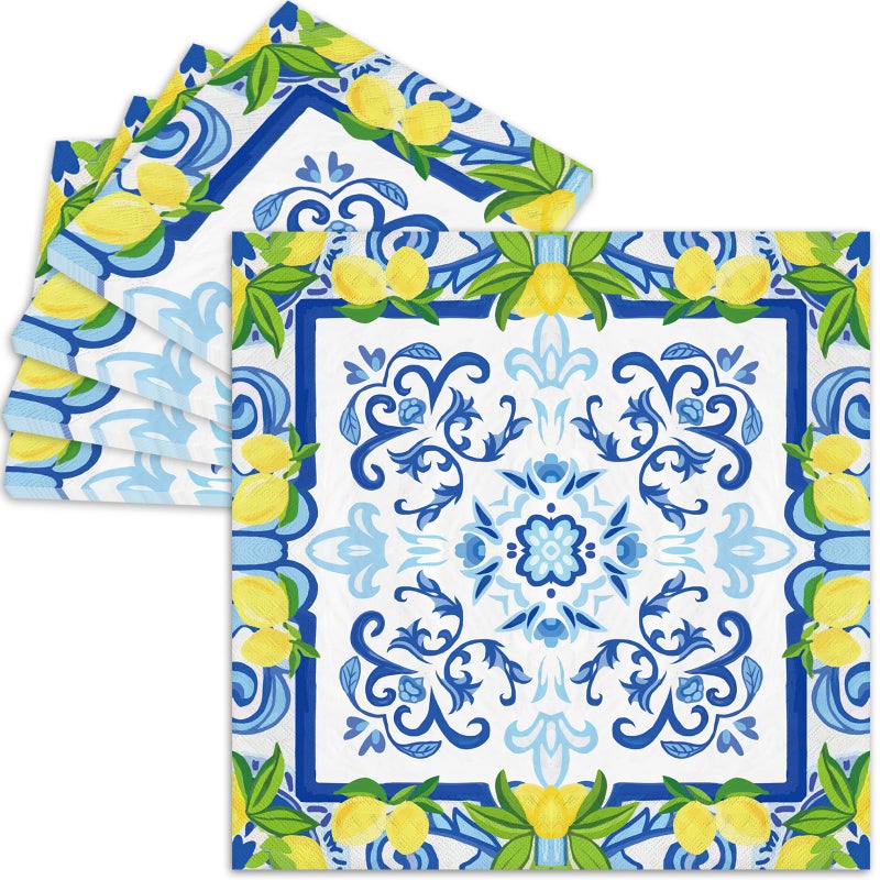 JarThenaAMCS 80Pcs Tile Lemon Paper Napkins CyanBlue Yellow Luncheon Napkins Watercolor Lemon Disposable Dinner Napkins for Spring Summer Party Decor Supplies - Image 3