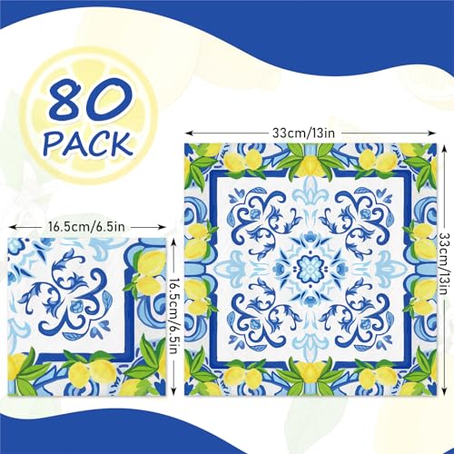 JarThenaAMCS 80Pcs Tile Lemon Paper Napkins CyanBlue Yellow Luncheon Napkins Watercolor Lemon Disposable Dinner Napkins for Spring Summer Party Decor Supplies - Image 5