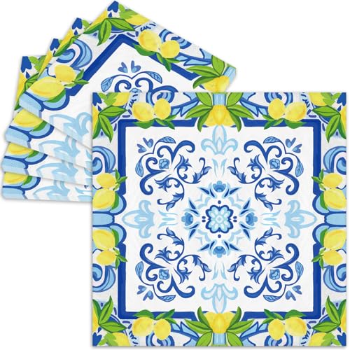 JarThenaAMCS 80Pcs Tile Lemon Paper Napkins CyanBlue Yellow Luncheon Napkins Watercolor Lemon Disposable Dinner Napkins for Spring Summer Party Decor Supplies - Image 2