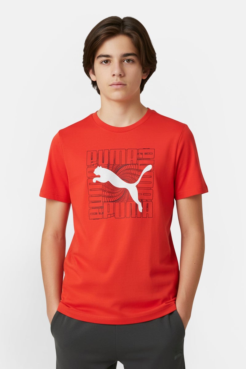 PUMA تي شيرت رياضي للأطفال الأولاد بأكمام قصيرة مناسب للخارج، أحمر - Image 1