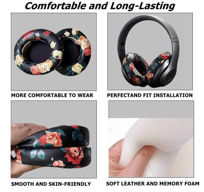 cipher.v Replacement Ear Cushion Pads Cover Compatible with Beats Studio 2.0 and Studio 3.0 Over Ear Headphones only by Dr.DRE-1 Pair(Floral Black) - Image 3