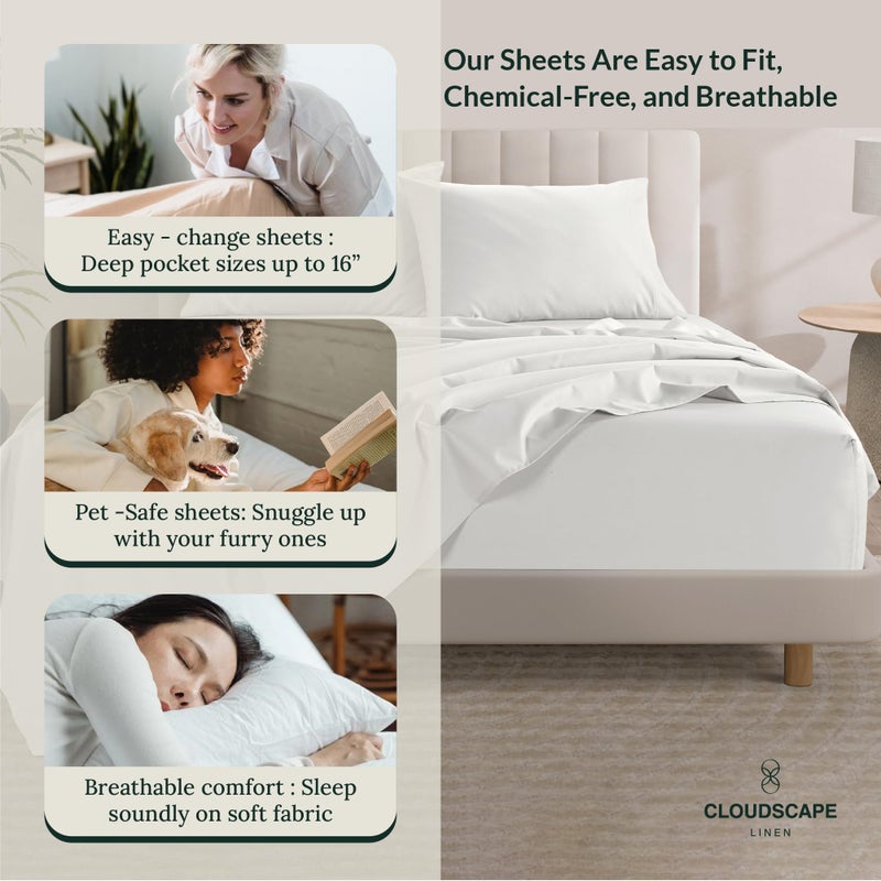 CloudScape Linen 100% Egyptian Cotton Sheets Queen Size Bed Set - 4 Pcs  White Queen Sheet Set | 1000 Thread Count Egyptian Cotton Sheets Queen | Hotel Luxury Bed Sheets  Upto 17""Deep Pocket Queen Sheets -White Sheets - Image 3