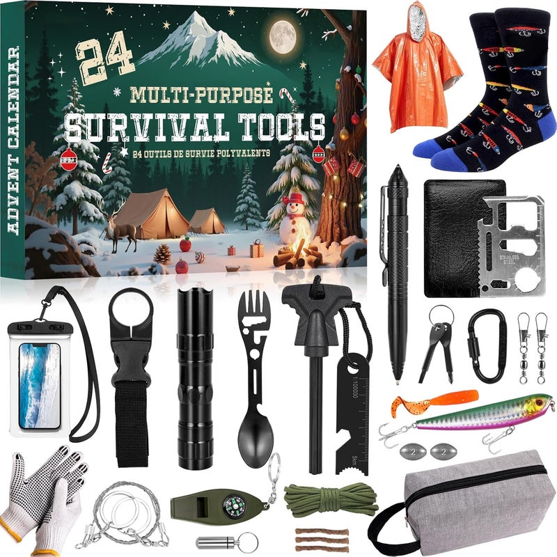 Pankay Survival Kit Advent Calendar 2025 Adult Men, Advent Calendar 2025 Adults Men Teen Boys with Emergency Survival Gear Tools Fishing Kit 24 Days Christmas Countdown Calendars Xmas Gifts for Adventure - Image 1