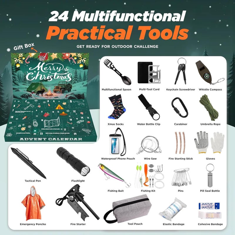 Pankay Survival Kit Advent Calendar 2025 Adult Men, Advent Calendar 2025 Adults Men Teen Boys with Emergency Survival Gear Tools Fishing Kit 24 Days Christmas Countdown Calendars Xmas Gifts for Adventure - Image 3