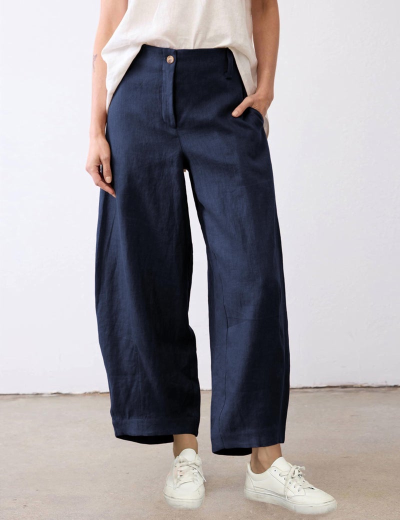 Tanming Womens Linen Pants Casual Capri Baggy Wide Leg Trousers Palazzo Pants Beach Vacation Outfits(Navy-L) - Image 2
