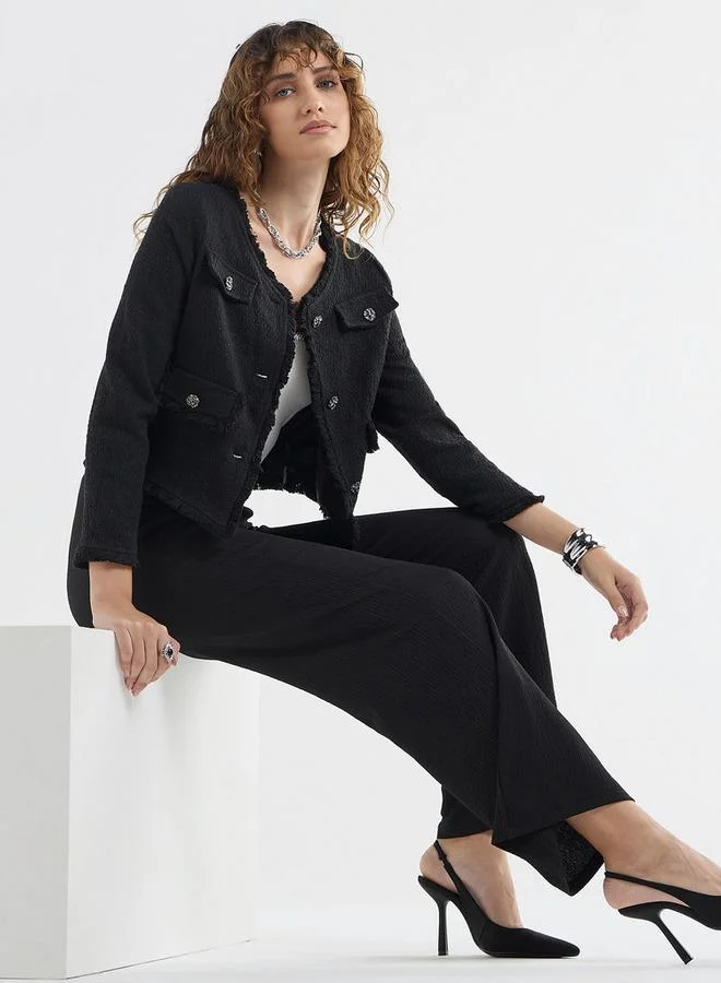 سبلاش فيڤ شاكيت بارز الملمس بأكمام طويلة وحافة ممزقة وتزيينات أزرار