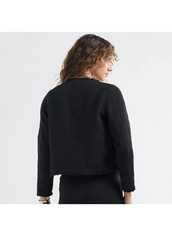 FAV Textured Frayed Hem Shacket with Long Sleeves and Button Accents