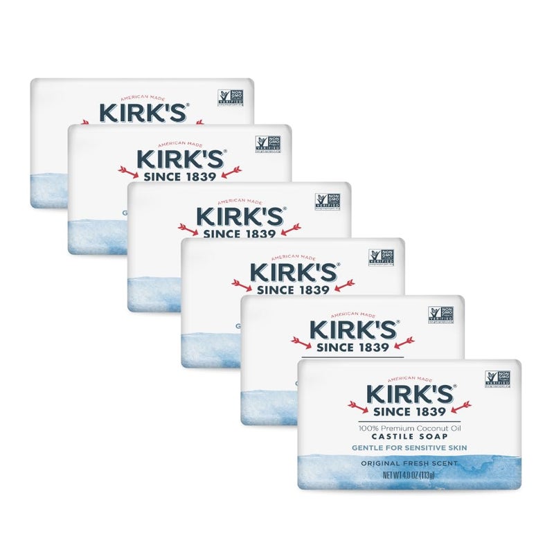 Kirk's Castile Bar Soap for Men, Women & Children - Made With Premium Coconut Oil, Sensitive Skin Formula, Vegan, Non GMO, Original Fresh Scent, 4 oz. Bars, 6 Pack - Image 1