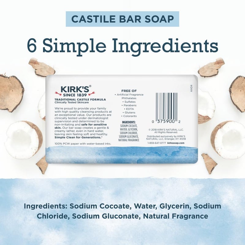Kirk's Castile Bar Soap for Men, Women & Children - Made With Premium Coconut Oil, Sensitive Skin Formula, Vegan, Non GMO, Original Fresh Scent, 4 oz. Bars, 6 Pack - Image 2