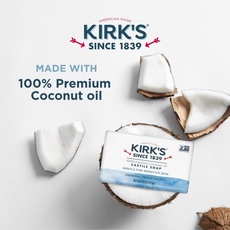 Kirk's Castile Bar Soap for Men, Women & Children - Made With Premium Coconut Oil, Sensitive Skin Formula, Vegan, Non GMO, Original Fresh Scent, 4 oz. Bars, 6 Pack - Image 3
