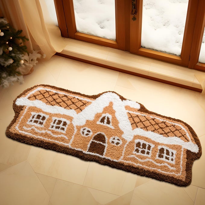 CHRISTMAS RUG GINGERBREAD HOUSE SHAPED AREA RUG NONSLIP ULTRA SOFT MICROFIBER DOOR MAT PLUSH CHRISTMAS DECORATIVE RUG FOR LIVING ROOM BEDROOM BEIGE 20 X 47 INCHES