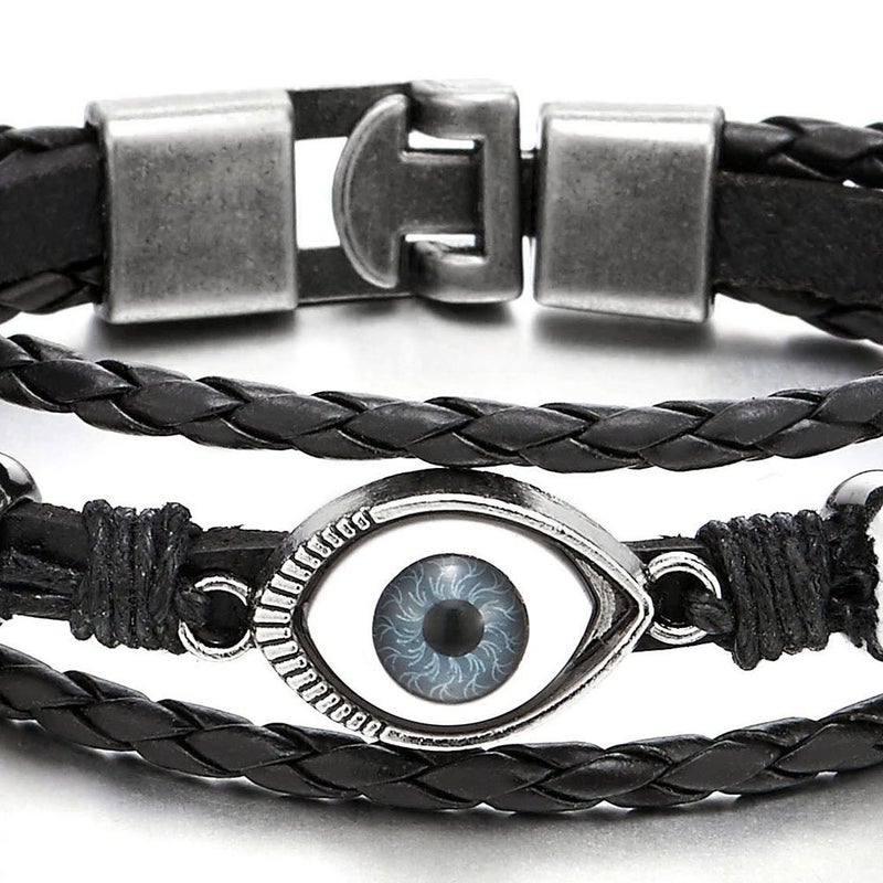 COOLSTEELANDBEYOND Mens Womens Three-Row Leather Black Evil Eye Beads Charms Bracelet Wrap Bracelet Wristband - Image 2