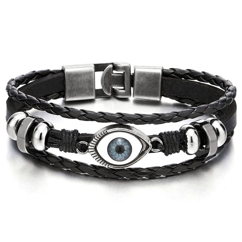 COOLSTEELANDBEYOND Mens Womens Three-Row Leather Black Evil Eye Beads Charms Bracelet Wrap Bracelet Wristband - Image 1