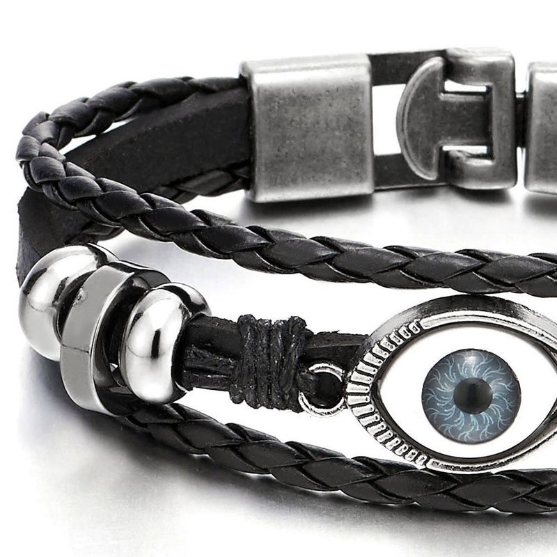 COOLSTEELANDBEYOND Mens Womens Three-Row Leather Black Evil Eye Beads Charms Bracelet Wrap Bracelet Wristband - Image 3