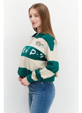 F.R.I.E.N.D.S Women Regular Fit Spread Collar Long Sleeves Brand Logo Crop Polo , Green  - Image 3
