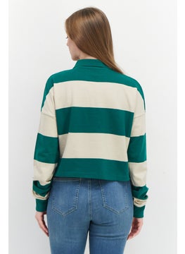 F.R.I.E.N.D.S Women Regular Fit Spread Collar Long Sleeves Brand Logo Crop Polo , Green  - Image 4