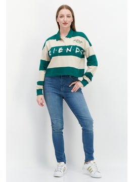 F.R.I.E.N.D.S Women Regular Fit Spread Collar Long Sleeves Brand Logo Crop Polo , Green  - Image 2