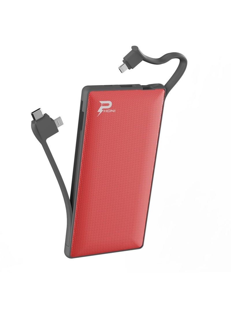 Phoni - 6 in 1 Power Station 10,000 mAh Power Bank with Built-in Cable to Charge Multiple Devices - Red - Image 1
