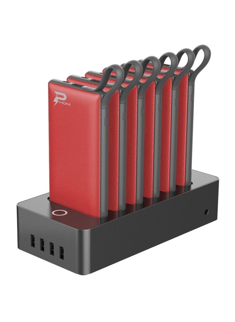 Phoni - 6 in 1 Power Station 10,000 mAh Power Bank with Built-in Cable to Charge Multiple Devices - Red - Image 1