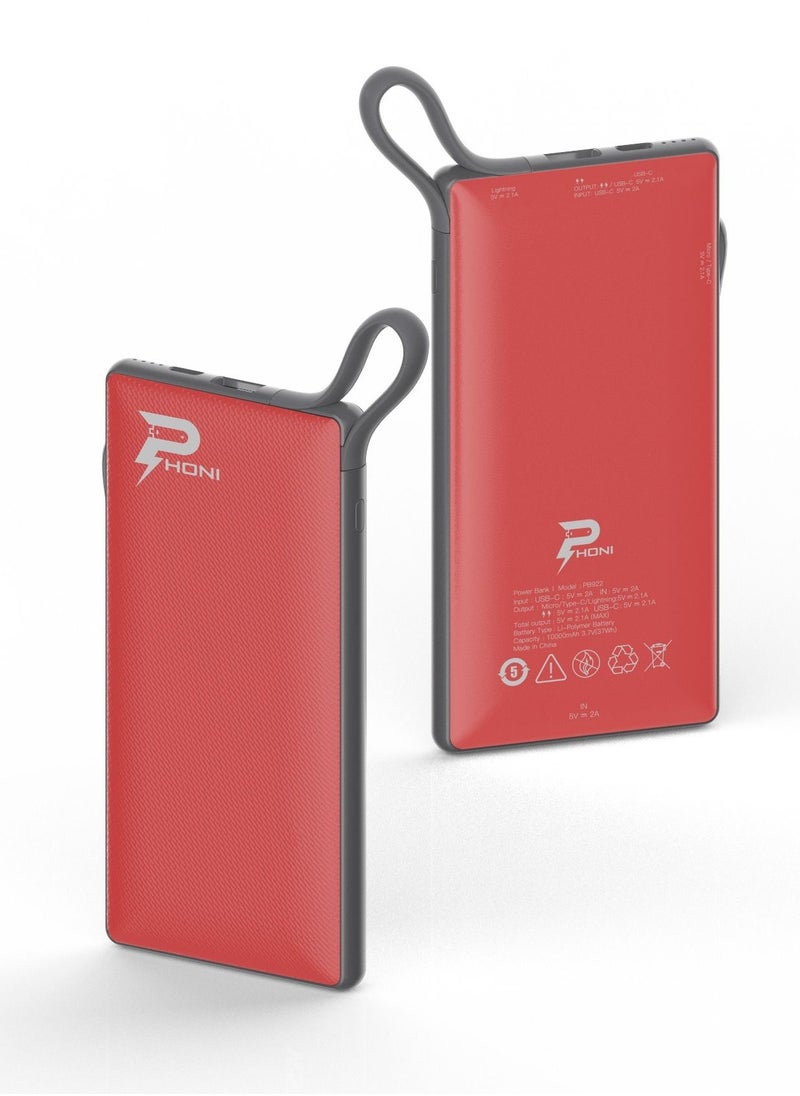 Phoni - 6 in 1 Power Station 10,000 mAh Power Bank with Built-in Cable to Charge Multiple Devices - Red - Image 1